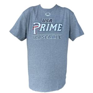 Gray USA Prime Baseball T Shirt top featuring a patriotic-themed "Prime Baseball" logo on the chest.