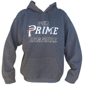 Gray USA Prime Baseball hoodie with a front pocket and a patriotic-themed "Prime Baseball" logo on the chest.