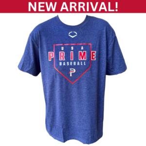 Blue USA Prime Baseball T shirt with a red and white logo on the front.