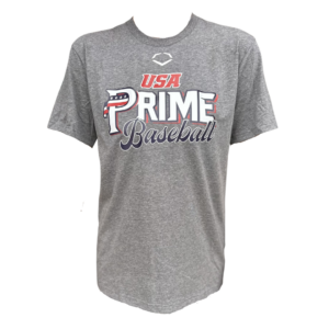 Gray USA Prime Baseball T Shirt featuring a patriotic-themed "Prime Baseball" logo on the chest.