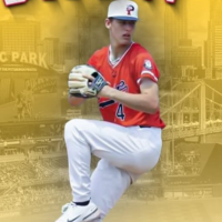 A baseball player wearing a red jersey and white pants is captured mid-pitch, gripping the ball in his gloved hand while lifting his leg. He wears a cap with a "P" logo. The background features a yellow-tinted cityscape with a baseball park visible in the distance.