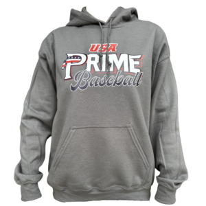 Gray USA Prime Baseball hoodie with a front pocket and a patriotic-themed "Prime Baseball" logo on the chest.