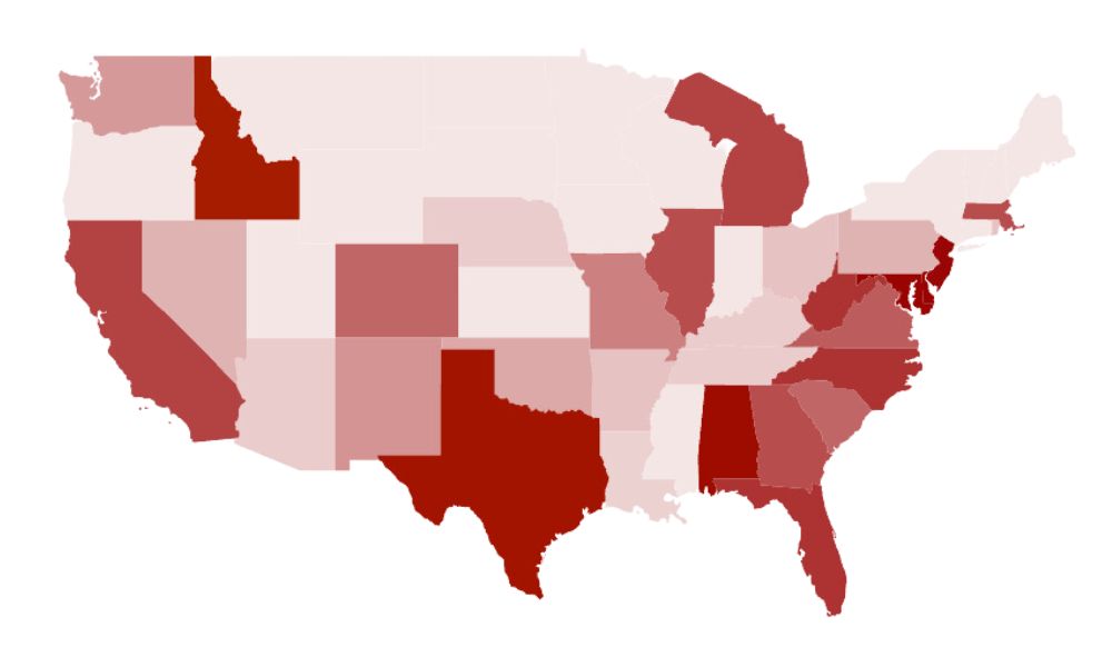 This image is a choropleth map of the United States, where different states are shaded in varying intensities of red. The darker shades likely represent higher values of a specific metric, while the lighter shades indicate lower values or less significance.