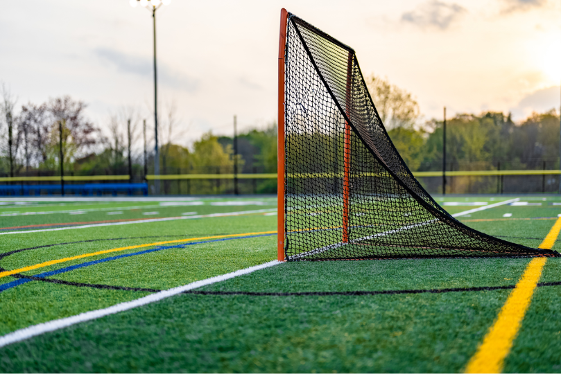 A lacrosse goal with a black net and red frame stands on an artificial turf field with colorful boundary lines. The background features trees, a fence, and a sky with warm sunset lighting.